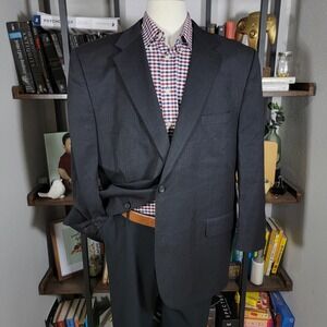 Joseph Feiss Men's Suit Jacket Two Button Solid Charcoal Blk Twill Wool 48R